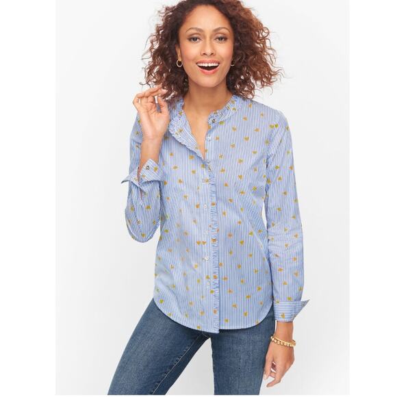 Talbots Tops - Talbots Plus 2X Blue Stripe Gold Heart Cotton Button Down Preppy Blouse